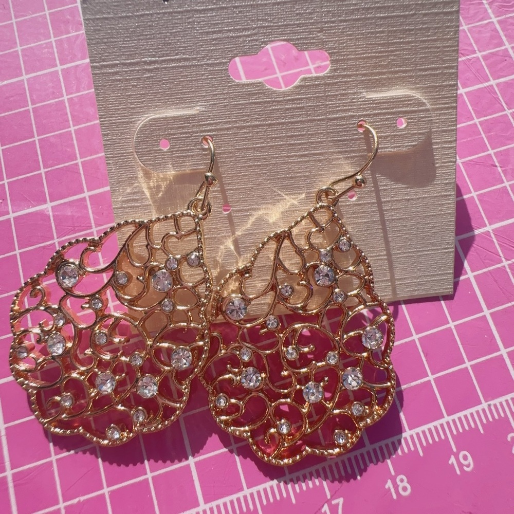Gold Filigree Teardrop Earrings with Clear Crystal Accents
